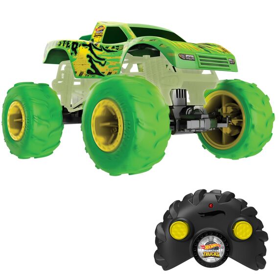 Hot Wheels Monster Trucks Gunkster RC Truck im Maßstab 1:15, leuchtet im Dunkeln, Action-Geländereifen mit Off-Road-Funktion, HTP15