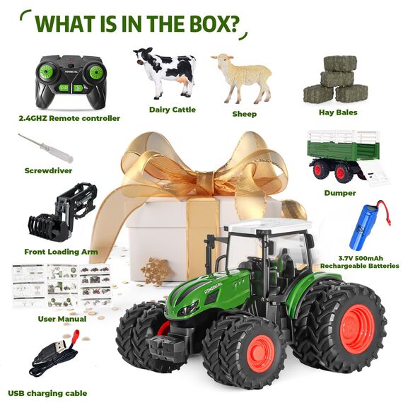 Ferngesteuerter Traktor Ferngesteuert mit anhänger, Traktor Spielzeug ab 3 Jahre, 2.4 GHz RC Trecker Spielzeug mit Fernbedienung, Kuh und Schaf, Geschenk ab 3 4 6 Jahre