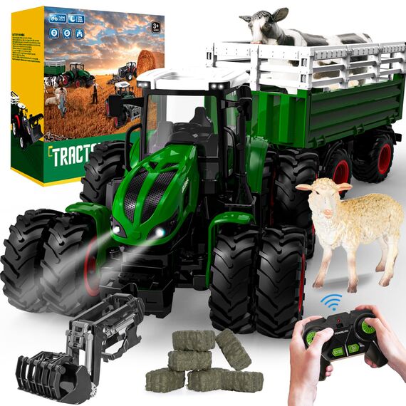 Ferngesteuerter Traktor Ferngesteuert mit anhänger, Traktor Spielzeug ab 3 Jahre, 2.4 GHz RC Trecker Spielzeug mit Fernbedienung, Kuh und Schaf, Geschenk ab 3 4 6 Jahre