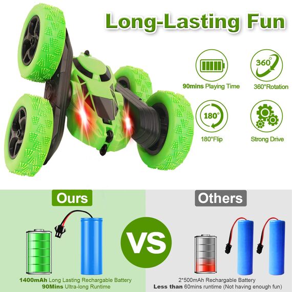 MidiVix Ferngesteuertes Auto, 90 Min Spielzeit, 2.4Ghz Doppelseitig 360° drehbare RC Stunt Crawler mit Scheinwerfern, 4WD Off Road Drift RC Auto Spielzeug Geschenke für Jungen 6-12 Grün
