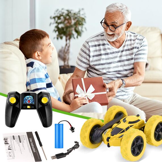 MidiVix Ferngesteuertes Auto, 2.4Ghz Doppelseitig 360° drehbare RC Stunt Crawler mit Scheinwerfern, 4WD Off Road Drift RC Auto Spielzeug Geschenke für Jungen 6-12 Gelb
