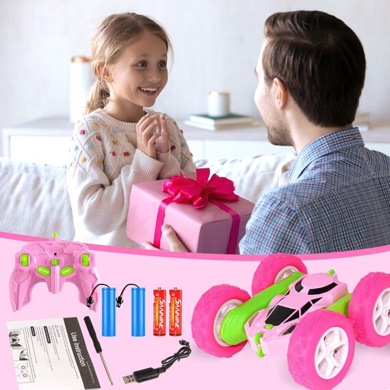 MidiVix Ferngesteuertes Auto, 2.4Ghz Doppelseitig 360° drehbarer RC Crawler mit Scheinwerfern Radlichtern, 4WD Off Road Drift RC Auto Spielzeug Geschenke für Mädchen Jungen 6-12 GrünPink