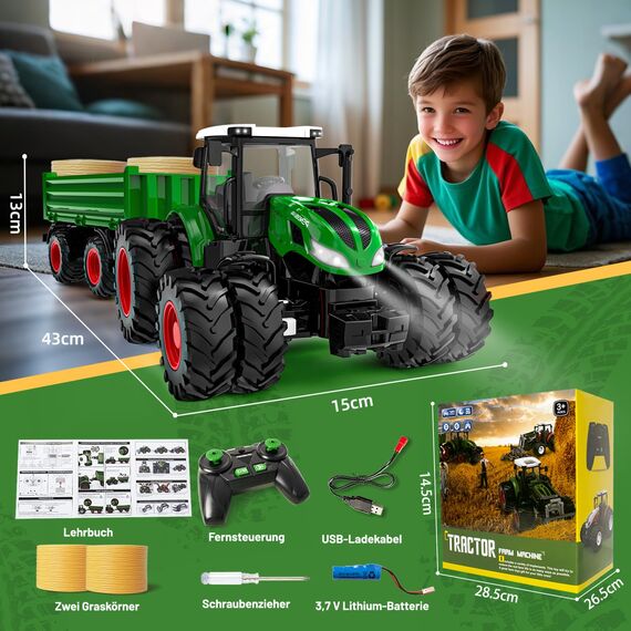 PENGBU RC Ferngesteuerter Traktor Ferngesteuert, Traktor Spielzeug ab 3 4 6 Jahre, Trecker Ferngesteuert mit Fernbedienung，Anhänger und Licht ab 3 4 6 Jahre, Weihnachten Geschenk für Kinder Jungen