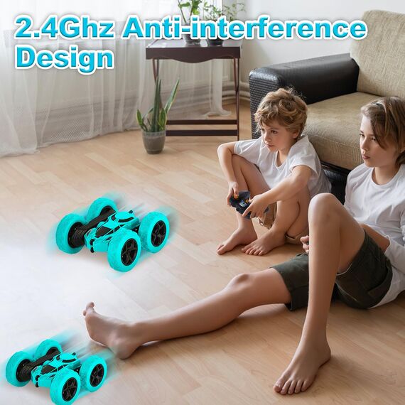 MidiVix Ferngesteuertes Auto, 90 Min Spielzeit, 2.4Ghz Doppelseitig 360° drehbare RC Stunt Crawler mit Scheinwerfern, 4WD Off Road Drift RC Auto Spielzeug Geschenke für Jungen 6-12 Hellblau