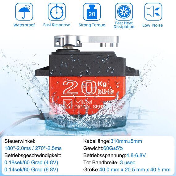 Miuzei 270° Digital RC Servo Motor 20KG Wasserdicht Servo Modellbau Lenkung mit Metallgetriebe für RC Modelle, Starrflügel, Auto, Roboter und Intelligenten DIY (2 Stücke)