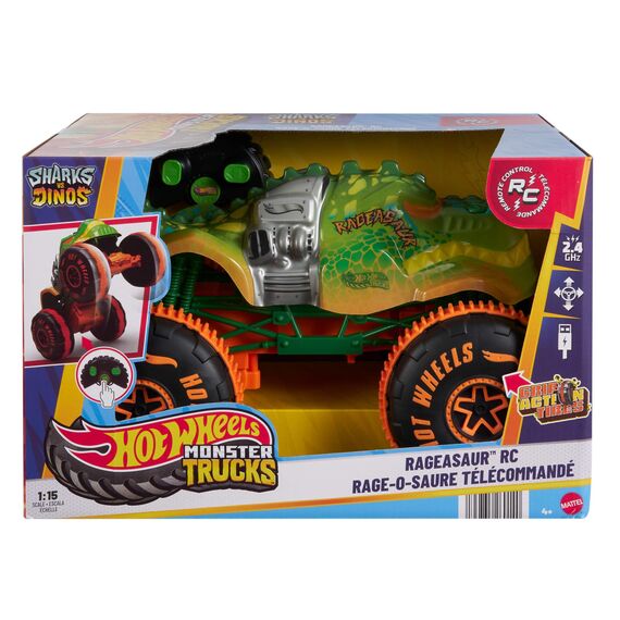 Hot Wheels Monster Trucks Spielfahrzeug mit Fernbedienung, Rageasaur RC im Maßstab 1:15 mit Profilreifen für Gelände- und Stunt-Action,JBH03