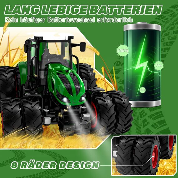 PENGBU RC Ferngesteuerter Traktor Ferngesteuert, Traktor Spielzeug ab 3 4 6 Jahre, Trecker Ferngesteuert mit Fernbedienung，Anhänger und Licht ab 3 4 6 Jahre, Weihnachten Geschenk für Kinder Jungen