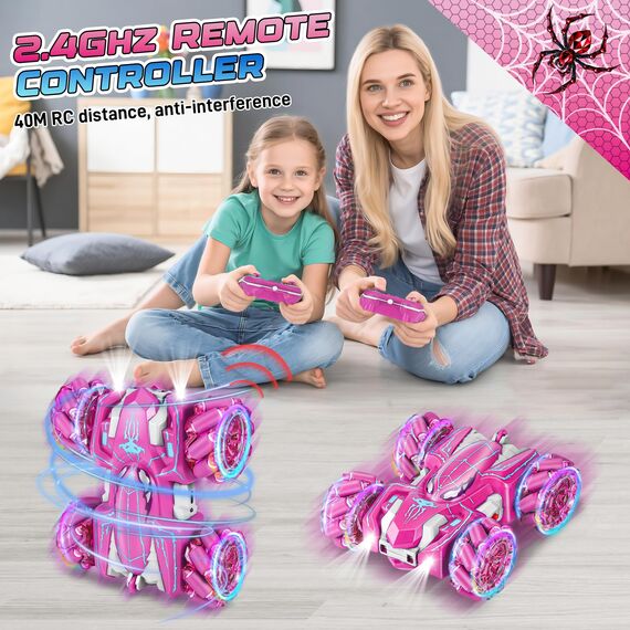 Kssvzz Spider Ferngesteuertes Auto Mädchen, 2.4GHz Doppelseitig RC Auto mit 360° Drehung & LED Licht, Outdoor Spielzeug Geschenk für Kinder ab 4 5 6 7 8 9 10 11 12 Jahre