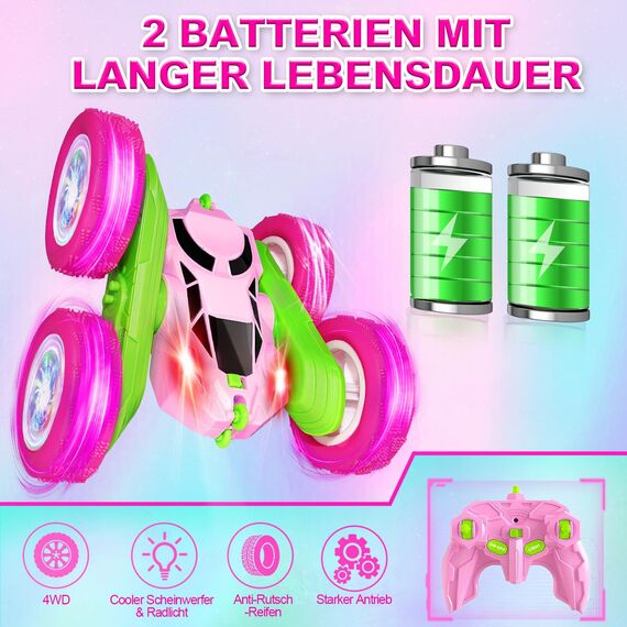 MidiVix Ferngesteuertes Auto, 2.4Ghz Doppelseitig 360° drehbarer RC Crawler mit Scheinwerfern Radlichtern, 4WD Off Road Drift RC Auto Spielzeug Geschenke für Mädchen Jungen 6-12 GrünPink
