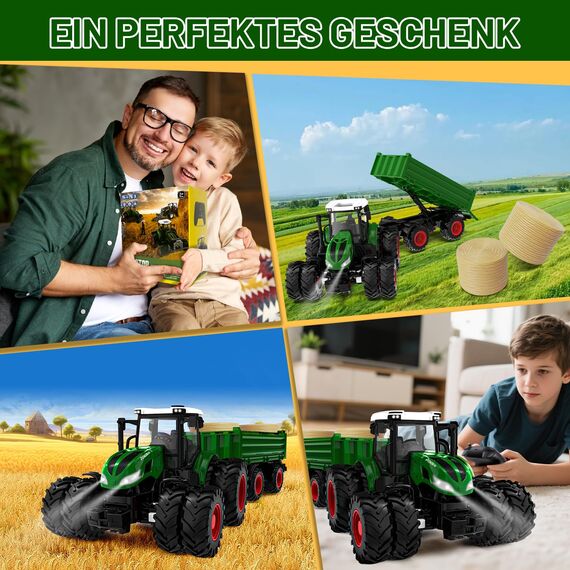 PENGBU RC Ferngesteuerter Traktor Ferngesteuert, Traktor Spielzeug ab 3 4 6 Jahre, Trecker Ferngesteuert mit Fernbedienung，Anhänger und Licht ab 3 4 6 Jahre, Weihnachten Geschenk für Kinder Jungen