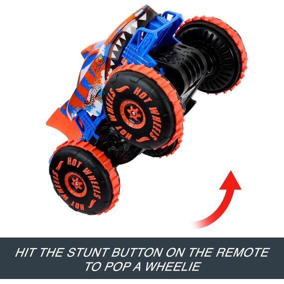 Hot Wheels Monster Trucks Spielzeugfahrzeug mit Fernbedienung, RC Tiger Shark Climber in großem Maßstab mit 3 Spielmodi für Rennen, Klettern und Stunts, JFR39