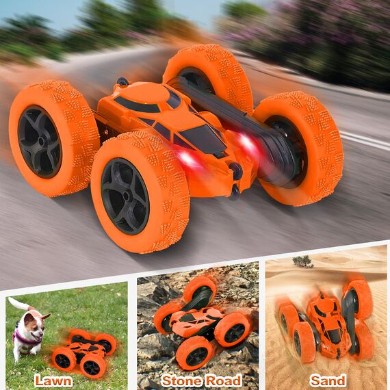 MidiVix Ferngesteuertes Auto, 90 Min Spielzeit, 2.4Ghz Doppelseitig 360° drehbare RC Stunt Crawler mit Scheinwerfern, 4WD Off Road Drift RC Auto Spielzeug Geschenke für Jungen 6-12 Orange