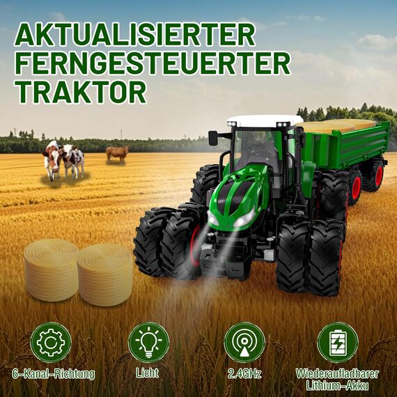 PENGBU RC Ferngesteuerter Traktor Ferngesteuert, Traktor Spielzeug ab 3 4 6 Jahre, Trecker Ferngesteuert mit Fernbedienung，Anhänger und Licht ab 3 4 6 Jahre, Weihnachten Geschenk für Kinder Jungen