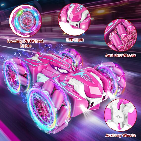 Kssvzz Spider Ferngesteuertes Auto Mädchen, 2.4GHz Doppelseitig RC Auto mit 360° Drehung & LED Licht, Outdoor Spielzeug Geschenk für Kinder ab 4 5 6 7 8 9 10 11 12 Jahre