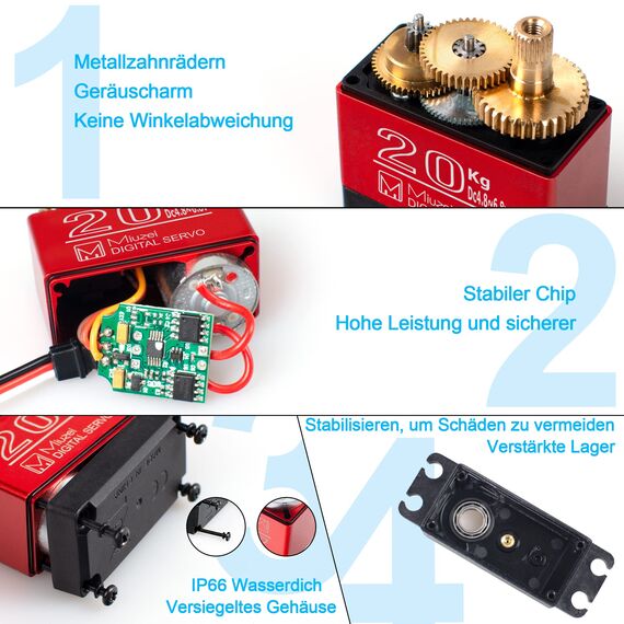 Miuzei Lenkservo Rc Digital Servo 20KG 270° Wasserdicht Lenkung mit Metallgetriebe für Auto 1/10 1/8 Modelle Toys Flugzeug Robot Arm Tarrflügel Auto Boat Modellbau (3 Stücke)
