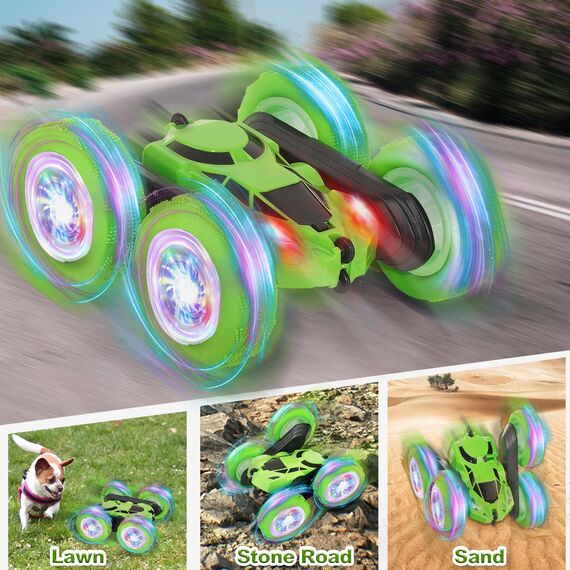 MidiVix Ferngesteuertes Auto, 90 Min Spielzeit, 2.4Ghz Doppelseitig 360° drehbarer RC Crawler mit Scheinwerfern Radlichtern, 4WD Off Road Drift RC Auto Spielzeug Geschenke für Jungen 6-12 Grün