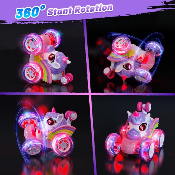 Hot Bee Einhorn Ferngesteuertes Auto ab 3 Jahre, Geschenk Mädchen 3 4 5 6 Jahre, 2.4GHz RC Auto, Einhorn Spielzeug, Einhorn Geschenke für Mädchen, 360° Stuntauto mit LED-Lichtern