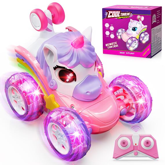 Hot Bee Einhorn Ferngesteuertes Auto ab 3 Jahre, Geschenk Mädchen 3 4 5 6 Jahre, 2.4GHz RC Auto, Einhorn Spielzeug, Einhorn Geschenke für Mädchen, 360° Stuntauto mit LED-Lichtern