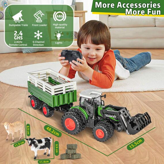 Ferngesteuerter Traktor Ferngesteuert mit anhänger, Traktor Spielzeug ab 3 Jahre, 2.4 GHz RC Trecker Spielzeug mit Fernbedienung, Kuh und Schaf, Geschenk ab 3 4 6 Jahre