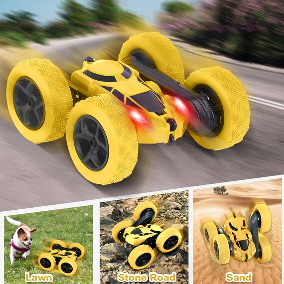 MidiVix Ferngesteuertes Auto, 2.4Ghz Doppelseitig 360° drehbare RC Stunt Crawler mit Scheinwerfern, 4WD Off Road Drift RC Auto Spielzeug Geschenke für Jungen 6-12 Gelb
