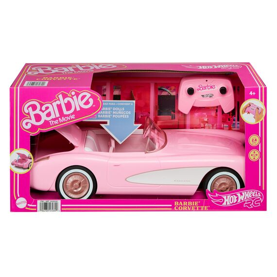 Hot Wheels Ferngesteuertes Auto, R/C Barbie Corvette - ferngesteuertes Fahrzeug, 1956 Corvette Stingray, 2,4 GHz Frequenz, bis zu 8 km/h, Platz für 2 Barbie-Puppen, HPW40