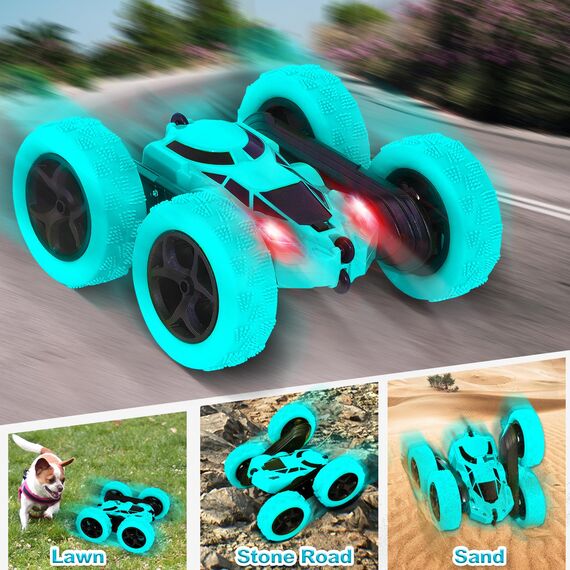 MidiVix Ferngesteuertes Auto, 90 Min Spielzeit, 2.4Ghz Doppelseitig 360° drehbare RC Stunt Crawler mit Scheinwerfern, 4WD Off Road Drift RC Auto Spielzeug Geschenke für Jungen 6-12 Hellblau