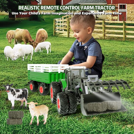Ferngesteuerter Traktor Ferngesteuert mit anhänger, Traktor Spielzeug ab 3 Jahre, 2.4 GHz RC Trecker Spielzeug mit Fernbedienung, Kuh und Schaf, Geschenk ab 3 4 6 Jahre