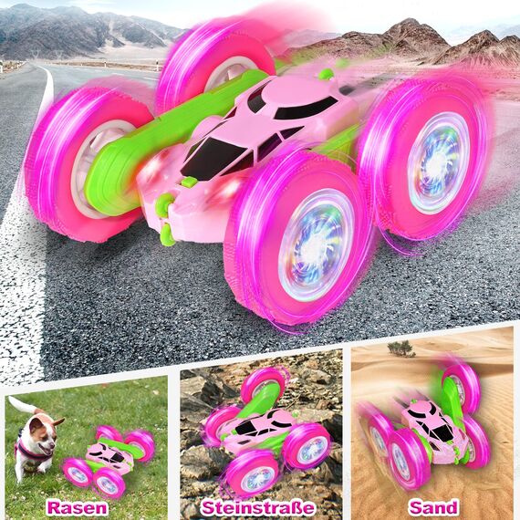 MidiVix Ferngesteuertes Auto, 2.4Ghz Doppelseitig 360° drehbarer RC Crawler mit Scheinwerfern Radlichtern, 4WD Off Road Drift RC Auto Spielzeug Geschenke für Mädchen Jungen 6-12 GrünPink
