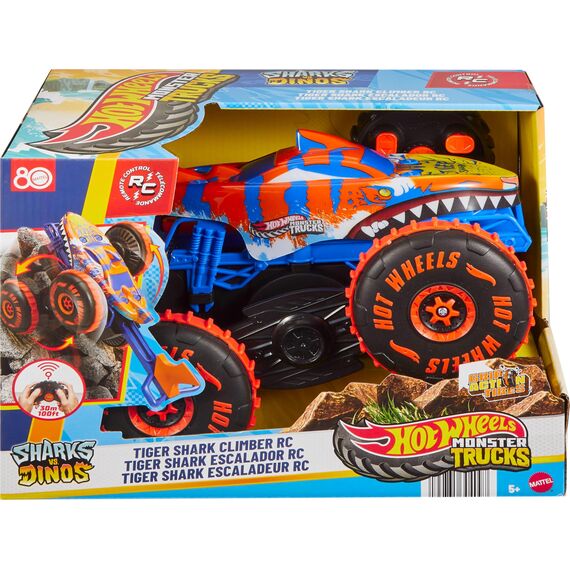 Hot Wheels Monster Trucks Spielzeugfahrzeug mit Fernbedienung, RC Tiger Shark Climber in großem Maßstab mit 3 Spielmodi für Rennen, Klettern und Stunts, JFR39