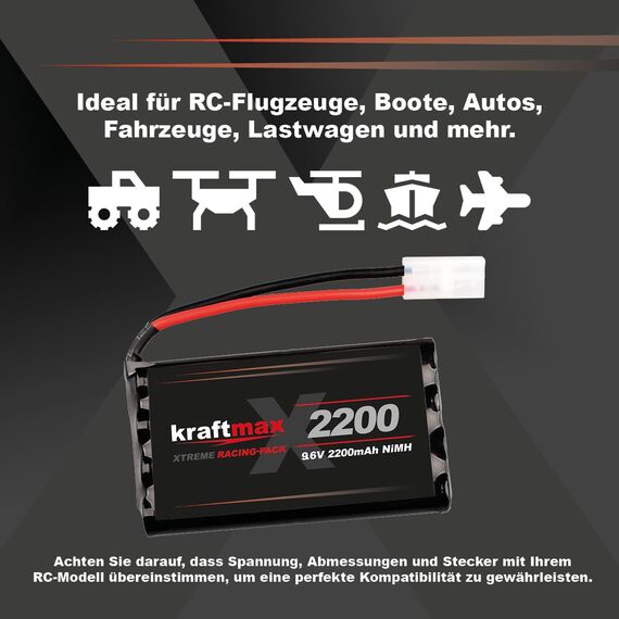Kraftmax Akku Racing-Pack mit Tamiya Stecker - 9,6V / 2200mAh (min 2000 mAh) NiMH Akku/Hochleistungs RC Akkupack (Packung mit 2)