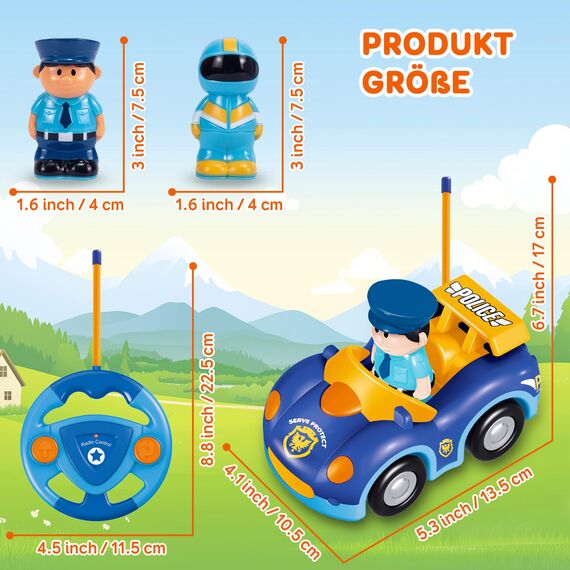 Pup Go Kleinkind RC Cartoon Polizeiauto mit Musik und Lichtern, 2 austauschbare Puppen, Erste Ferngesteuerte Auto für Jungen und Mädchen, 18 Monate+, Perfektes Geburtstags
