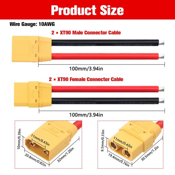 YIXISI 2 Paar XT90 Stecker Männlich Weiblich Stecker, XT90 Plug Male Female Connector mit Mantel Gehäuse Stecker, mit 100mm 10AWG Silikondraht, für RC Lipo Batterie FPV Drohne
