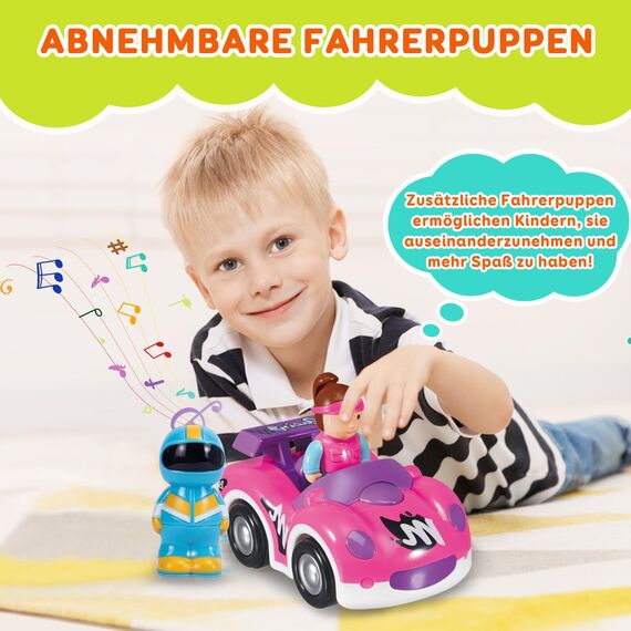 Pup Go Kleinkind RC Cartoon Rennwagen für Jungen 18 Monate Nikolausgeschenk für Mädchen, 2 austauschbare Puppen mit Musik und Lichtern, das Erste Ferngesteuerte Auto