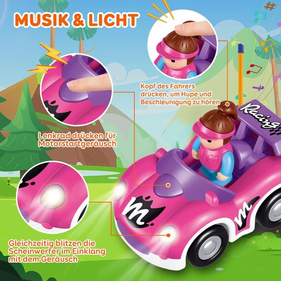 Pup Go Kleinkind RC Cartoon Rennwagen für Jungen 18 Monate Nikolausgeschenk für Mädchen, 2 austauschbare Puppen mit Musik und Lichtern, das Erste Ferngesteuerte Auto