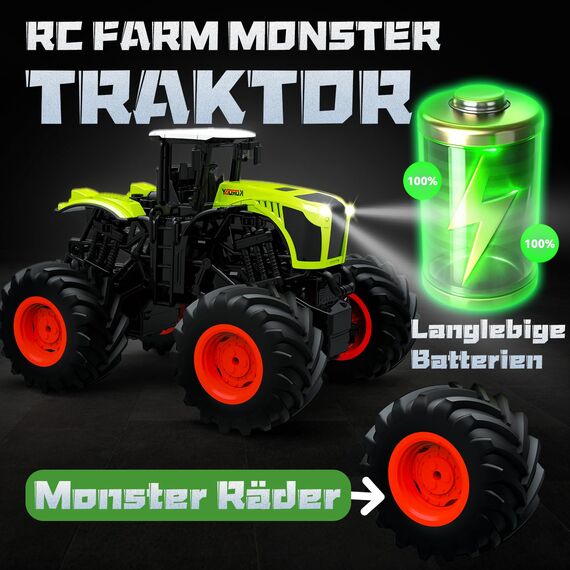 Ferngesteuerter Traktor Ferngesteuert ab 3 4 6 Jahre, 2.4GHz 1:16 Ferngesteuerter Monstertruck Ferngesteuert mit Licht, 8 Kanal Traktor Spielzeug ab 3 4 6 Jahre, Leicht zu Passierende Komplexe Gelände