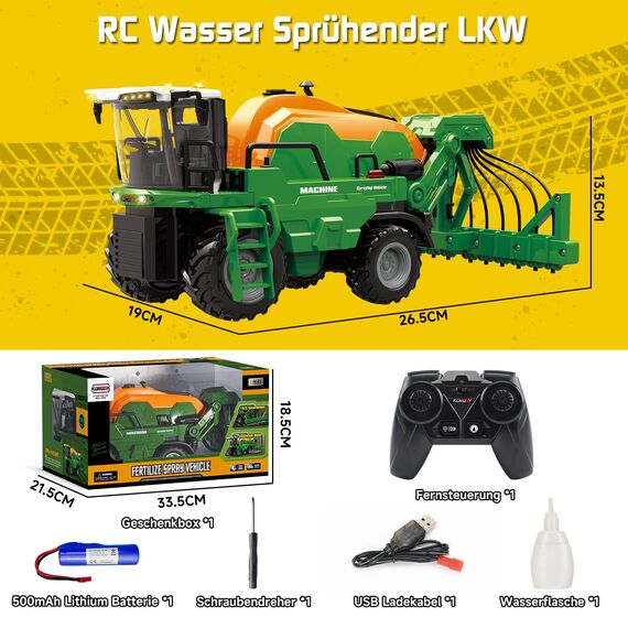 PENGBU RC Ferngesteuerter Traktor Ferngesteuert, Trecker Spielzeug ab 3 Jahre, Traktor mit Fernbedienung, Sprinkler, Ton und Licht, Trecker Spielzeug ab 3 Jahre Liquid Fertiliser Sprinkler