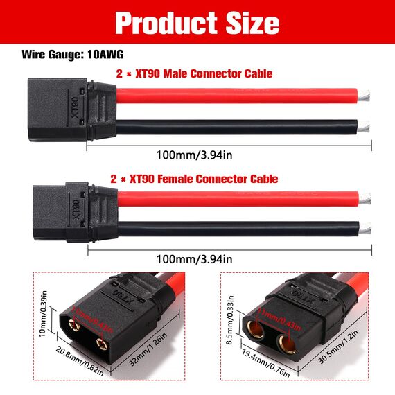 YIXISI 2 Paar XT90 Stecker Männlich Weiblich Stecker, XT90 Plug Male Female Connector mit Mantel Gehäuse Stecker, mit 100mm 10AWG Silikondraht, für RC Lipo Batterie FPV Drohne, Schwarz