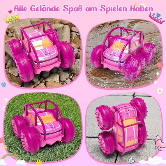 MaxTronic Direktladung Ferngesteuertes Auto mit LED Licht, Rosa Amphibien Wasserdichter RC Stunt Auto 360° Flips, 4WD 15KM/H Offroad 2.4G MonsterTruck Spielzeug Mädche Jungen für Kinder ab 3 Jahren