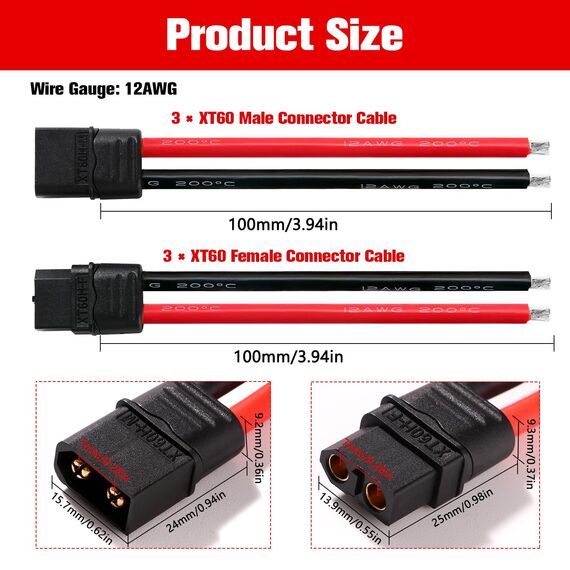 YIXISI 3 Paar XT60 XT60H Stecker Männlich Weiblich Stecker, XT60H Plug Male Female Connector mit Mantel Gehäuse Stecker, mit 100mm 12AWG Silikondraht, für RC Lipo Batterie FPV Drohne, Schwarz