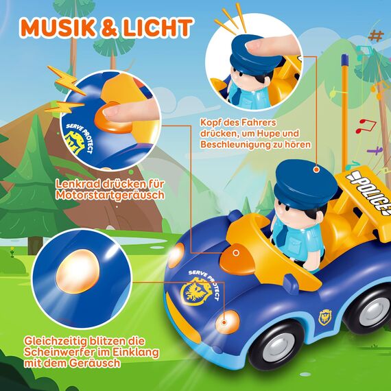 Pup Go Kleinkind RC Cartoon Polizeiauto mit Musik und Lichtern, 2 austauschbare Puppen, Erste Ferngesteuerte Auto für Jungen und Mädchen, 18 Monate+, Perfektes Geburtstags