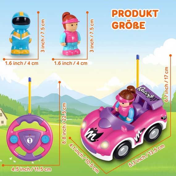 Pup Go Kleinkind RC Cartoon Rennwagen für Jungen 18 Monate Nikolausgeschenk für Mädchen, 2 austauschbare Puppen mit Musik und Lichtern, das Erste Ferngesteuerte Auto