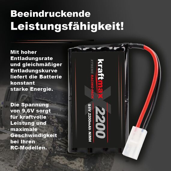 Kraftmax Akku Racing-Pack mit Tamiya Stecker - 9,6V / 2200mAh (min 2000 mAh) NiMH Akku/Hochleistungs RC Akkupack (Packung mit 2)