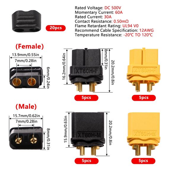 YIXISI 10 Paar XT60 XT60H Batterie Anschlüsse, XT60H Männlich Weiblich Stecker Buchse, XT60H Mantelgehäuse Stecker, für RC Lipo Akku, Schwarz + Gelb