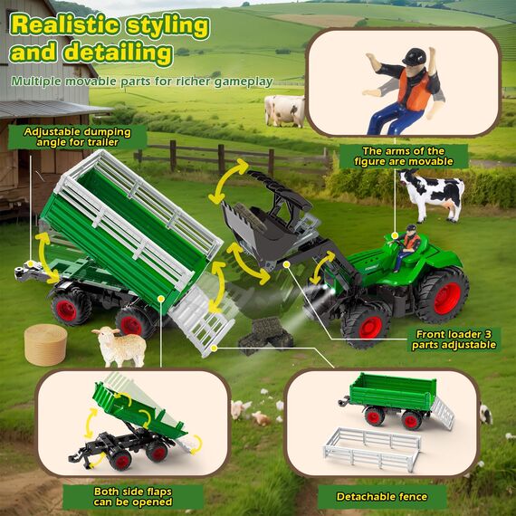 PENGBU RC Ferngesteuerter Traktor mit Anhänger, 2.4 GHz Traktor Ferngesteuert Spielzeug, Kindertraktor Trecker Ferngesteuert mit Frontlader, Anhänger, Kuh, Schaf und Heuballen ab 3 4 5 6 8 Jahre