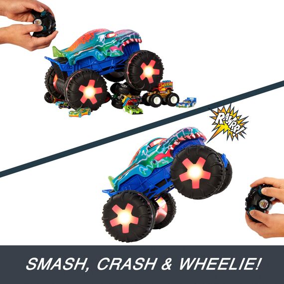 Hot Wheels Toy Truck Monster Trucks RC Oversized Fernsteuerung Mega-Wrex Alive im Maßstab 1:15, 3 Spielmodi mit interaktiven Lichtern & Sounds