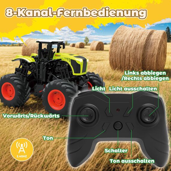 Ferngesteuerter Traktor Ferngesteuert ab 3 4 6 Jahre, 2.4GHz 1:16 Ferngesteuerter Monstertruck Ferngesteuert mit Licht, 8 Kanal Traktor Spielzeug ab 3 4 6 Jahre, Leicht zu Passierende Komplexe Gelände