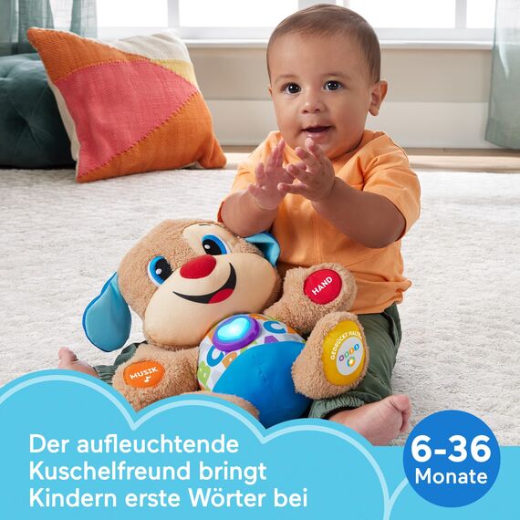 Fisher-Price Lernspaß-Hündchen mit drei Stufen, sprechendes Kuscheltier mit Musik als Kinderspielzeug und Baby Spielzeug, Interaktiver Teddybär, Babyspielzeug ab 6 Monate, Deutsche Version, FPM50