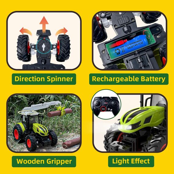 Traktor Spielzeug, Ferngesteuerter Traktor Ferngesteuert ab 3 4 5 6 Jahre, Trecker Spielzeug Kinder Grün mit Licht, Holzgreifer und 3 Baumstämme, RC Trecker Geschenke ab 3 4 5 6+ Jahre Jungen Mädchen
