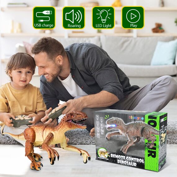Kizmyee Dinosaurier Spielzeug, Dino Ferngesteuertes Velociraptor für Kinder, Realistische Gehbewegungen, Brüllt, Leuchtende Augen und Kopfschütteln, Kindergeburtstag Geburtstag Geschenke für Kinder