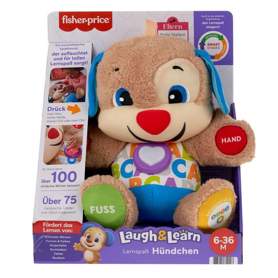 Fisher-Price Lernspaß-Hündchen mit drei Stufen, sprechendes Kuscheltier mit Musik als Kinderspielzeug und Baby Spielzeug, Interaktiver Teddybär, Babyspielzeug ab 6 Monate, Deutsche Version, FPM50